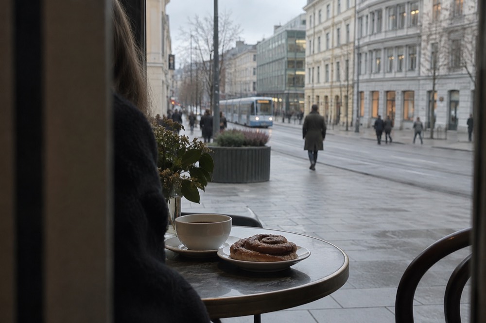 A cinnamon bun on a small plate beside a cup of black coffee on a cafe table