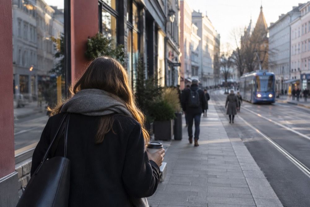 A takeaway coffee cup held while walking past colorful Oslo storefronts