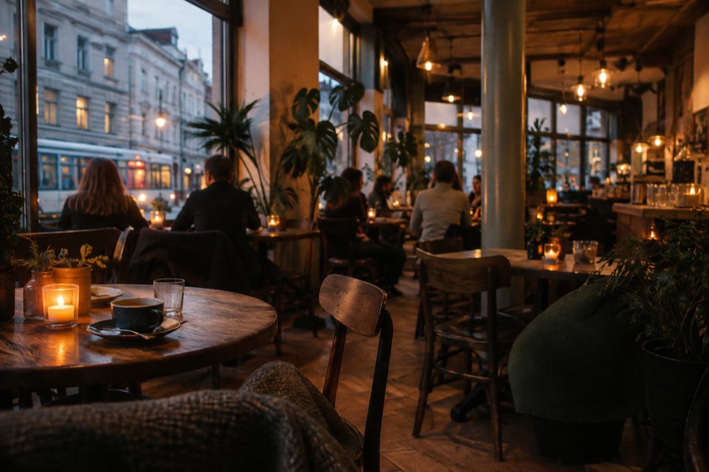 A warmly lit Oslo cafe interior with people seated at small tables in the evening