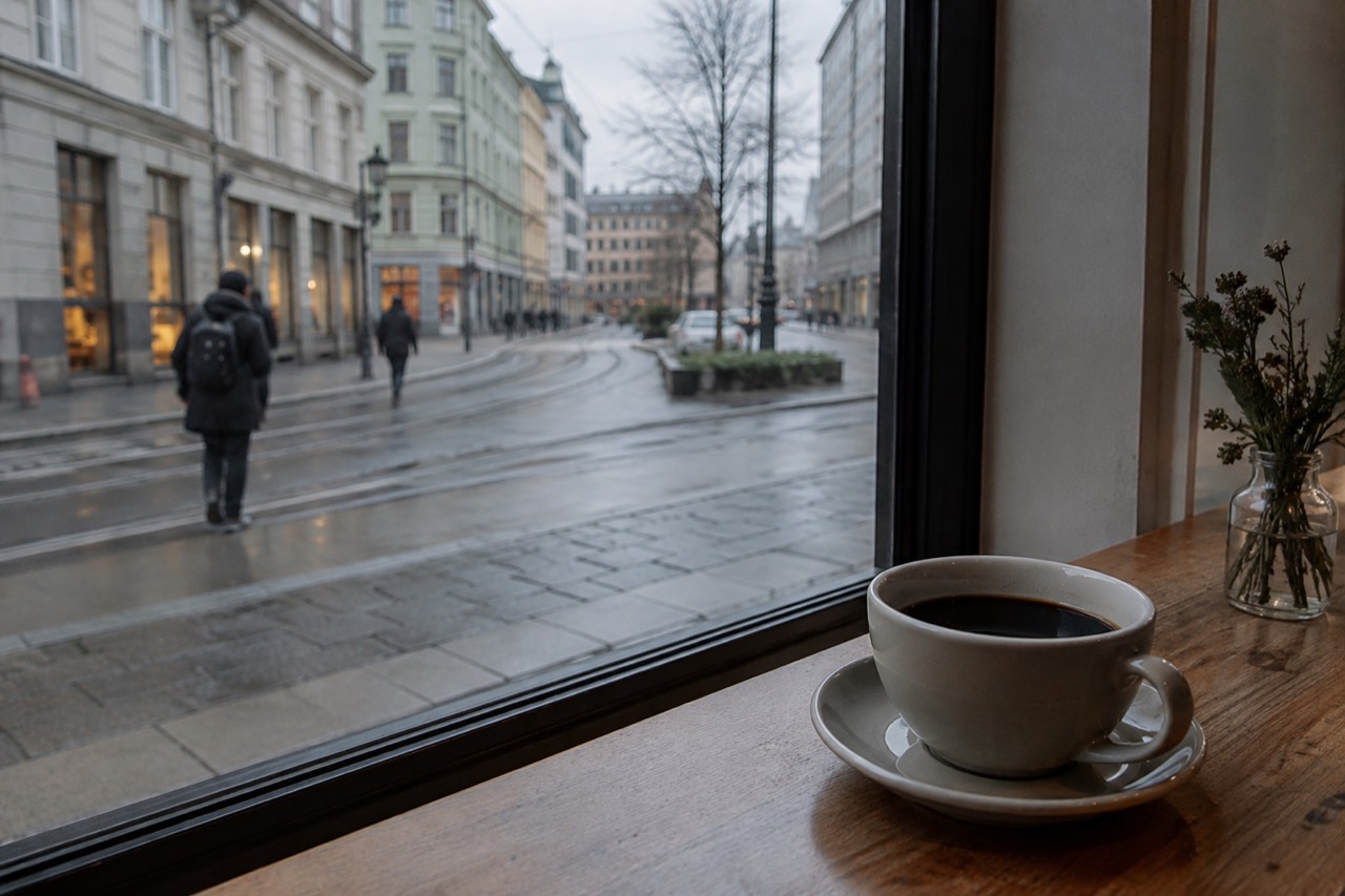 A cup of black coffee on a wooden counter beside a window in an Oslo cafe
