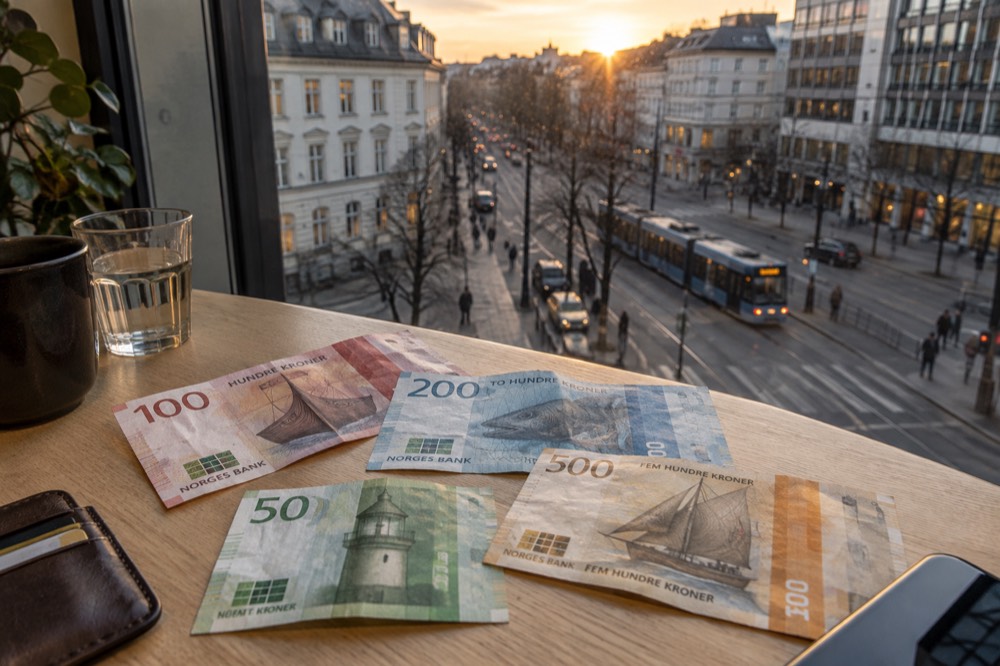Colorful Norwegian banknotes spread on a light wooden table