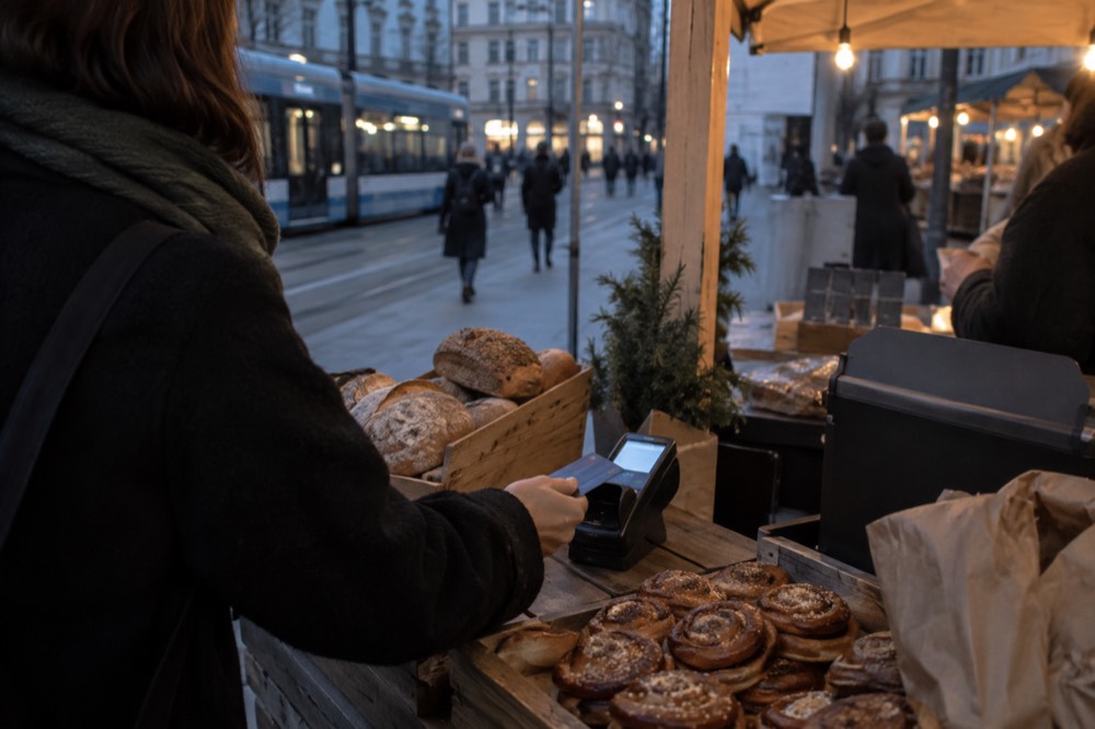 A customer tapping a contactless card on a payment terminal at an Oslo market stall