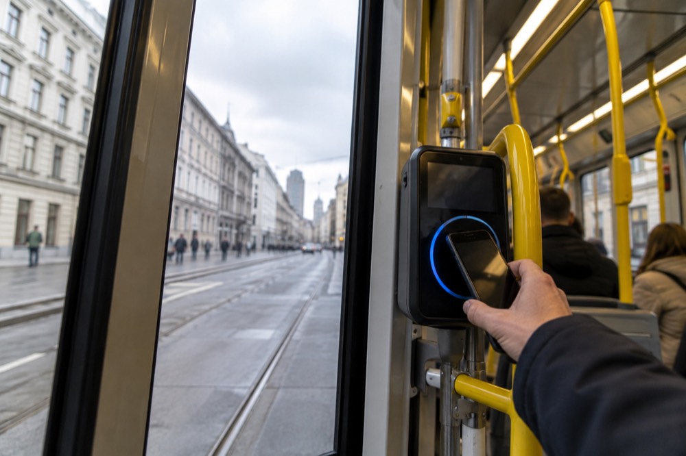 A hand holding a smartphone over a contactless reader on an Oslo tram