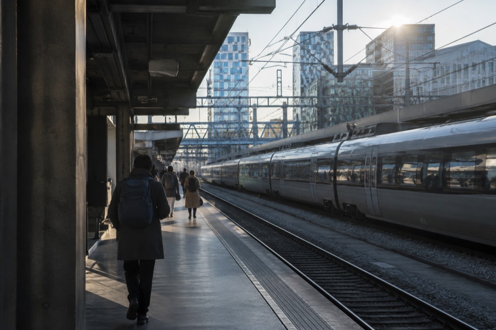 A modern train platform at Oslo Central Station with a departure board
