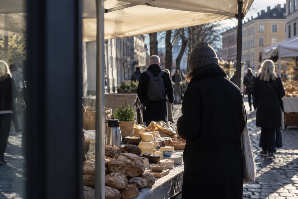 An outdoor food market table with bread, cheese and coffee in the Grünerløkka district