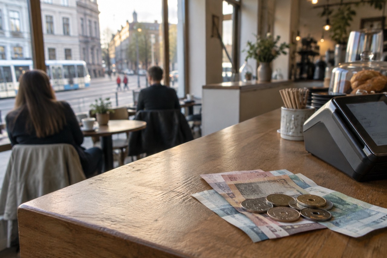 Norwegian banknotes and coins on a wooden counter beside a card terminal in an Oslo cafe