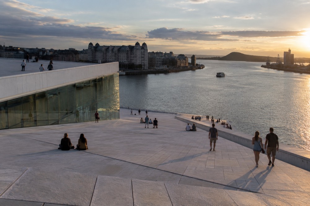 Golden evening light on the Oslo Opera House roof in summer