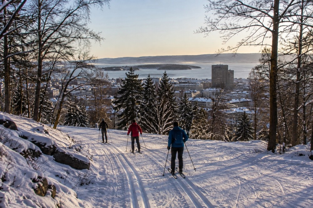 Cross-country skiers on a prepared trail above Oslo in low winter sun