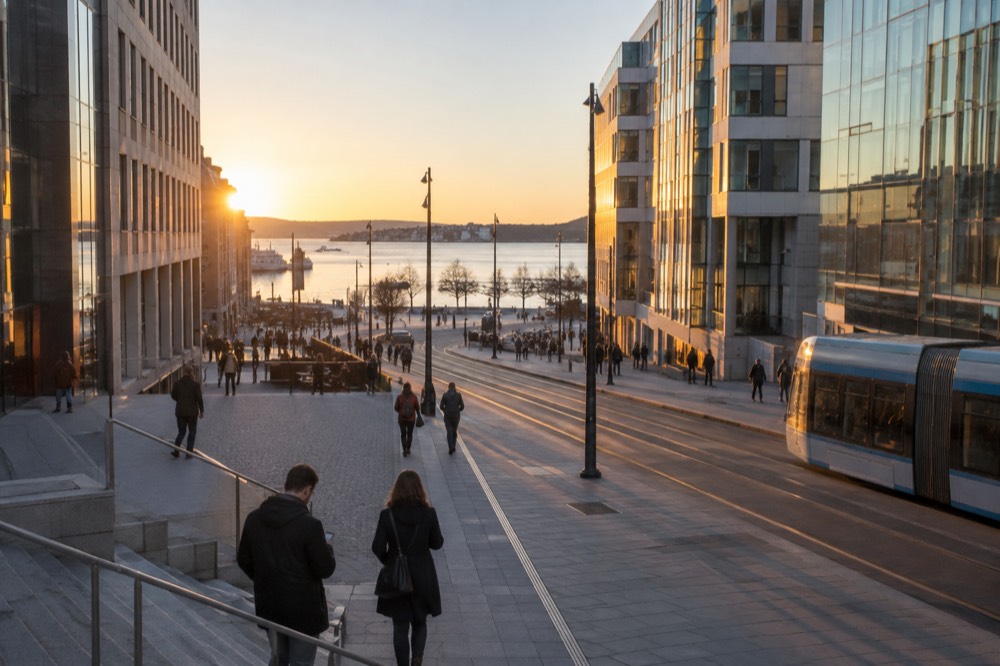 Oslo city street with modern buildings and pedestrians using phones near the waterfront