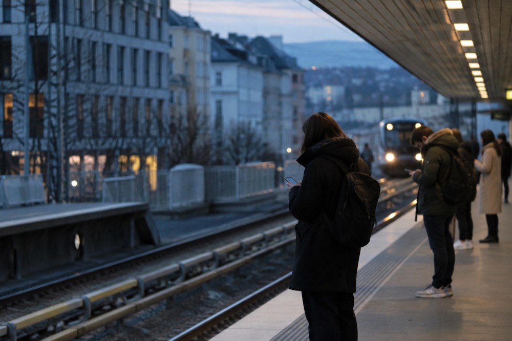 Commuters on an Oslo metro platform looking at phones