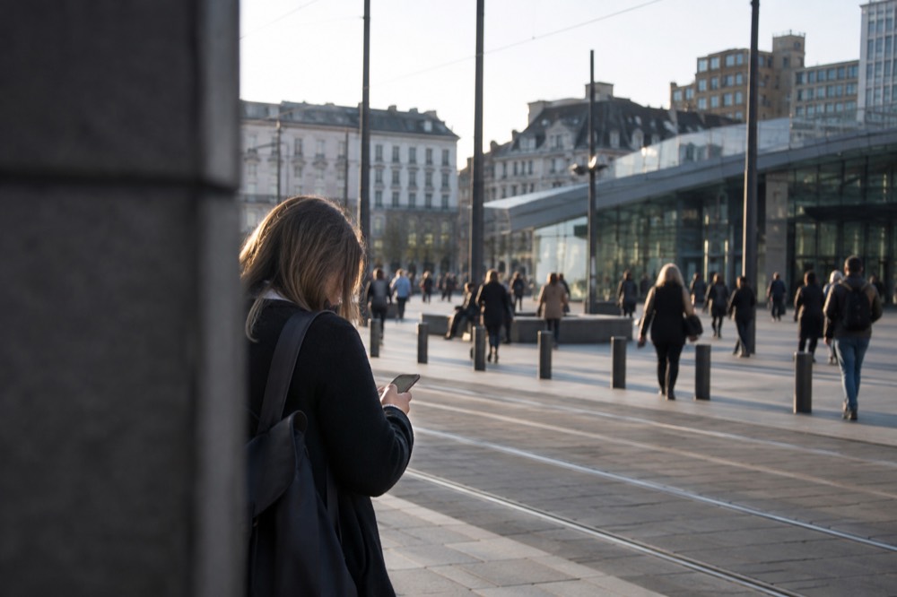 Traveler checking a phone outside Oslo Central Station