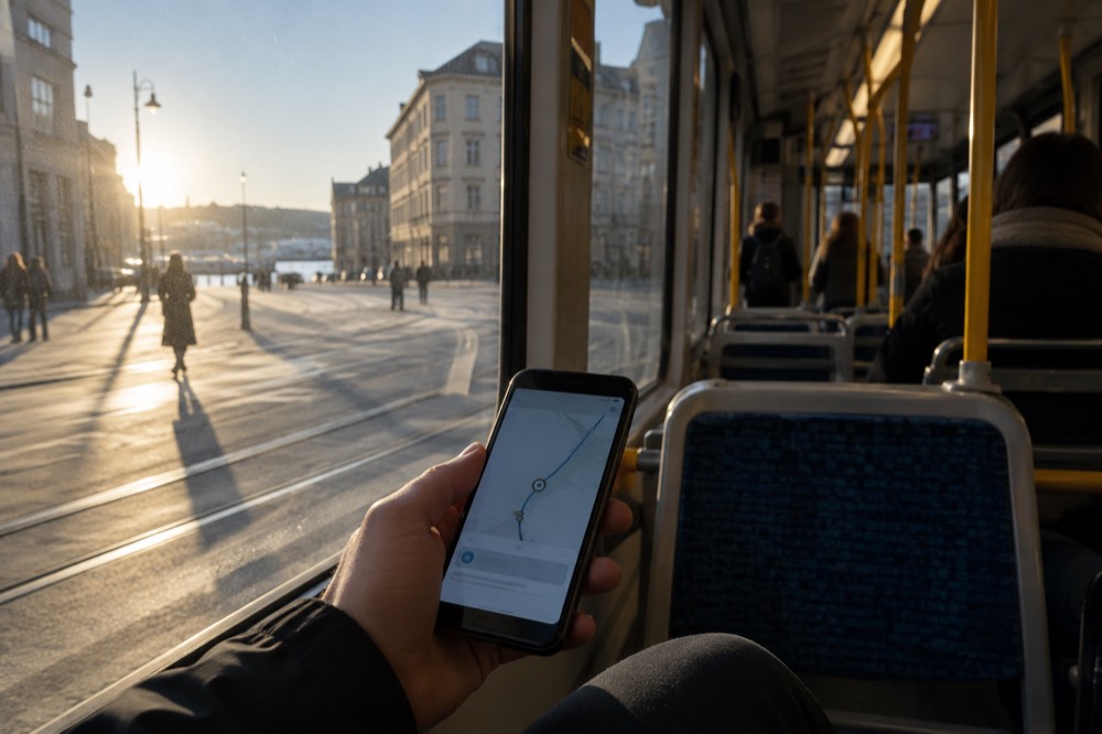 Smartphone showing a transit app on an Oslo tram