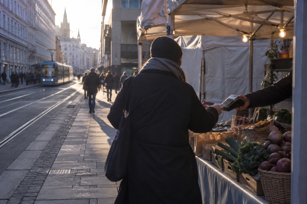 Contactless card payment at a market stall in Oslo