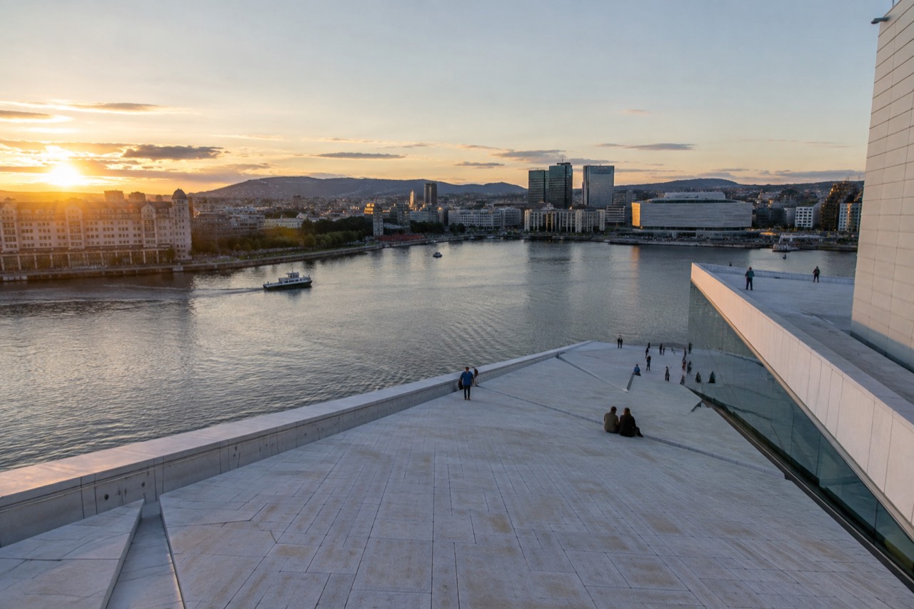 Oslo city skyline with the Opera House and fjord waterfront at dusk