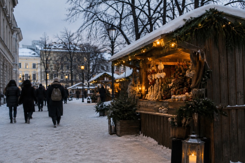 A wooden Christmas market stall glowing with lights against a dark winter afternoon in Oslo