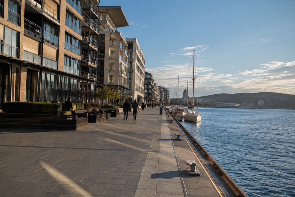 Colorful buildings along the Oslofjord waterfront at Aker Brygge