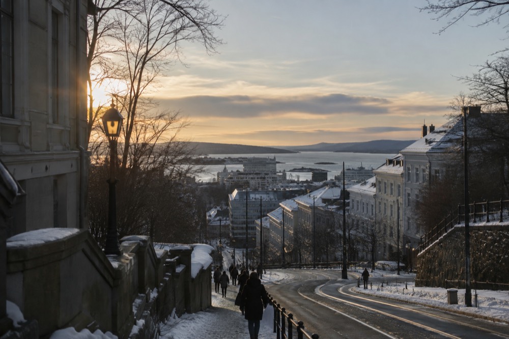 Winter afternoon light over Oslo rooftops with the fjord in the distance