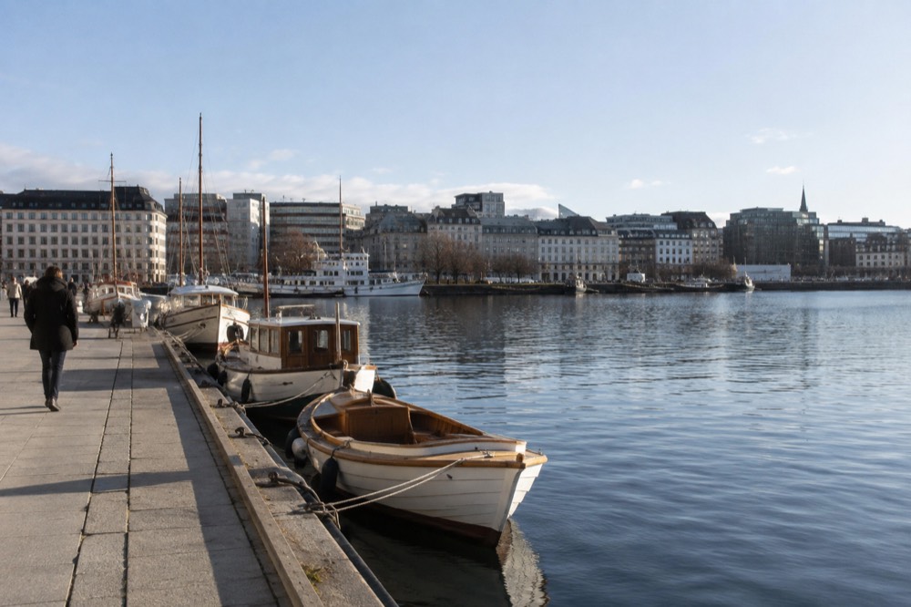 Small wooden boats moored in a calm Oslofjord harbor