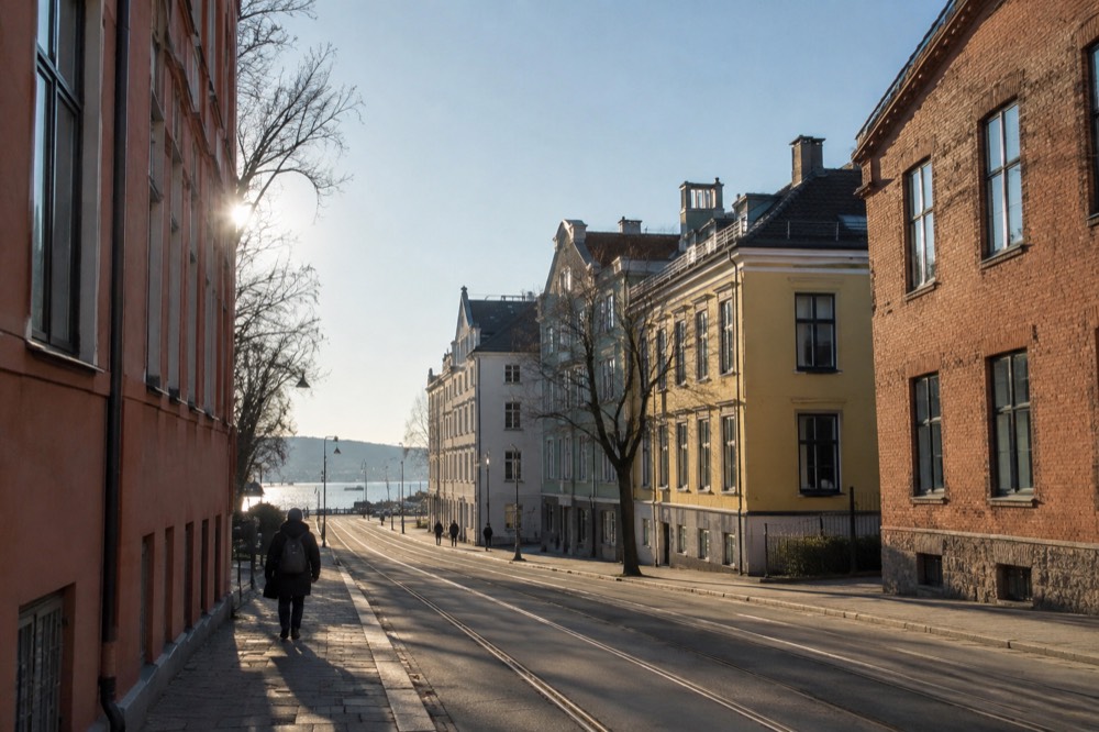 Colorful wooden and brick facades along a narrow street in an old industrial Oslo neighborhood