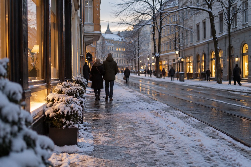 People walking along a snowy illuminated city street at dusk with warm shop lights