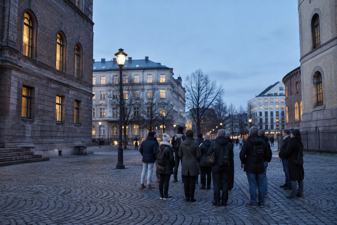 A guided group of walkers gathered on a cobblestone square in central Oslo beside historic brick buildings