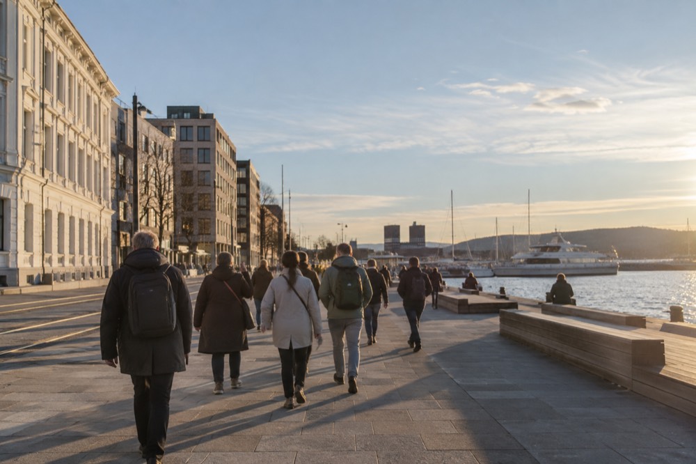 Guided walking group on a sunny street in central Oslo near the harbor