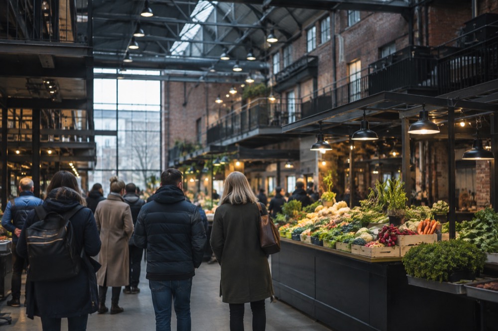 Food tour group sampling dishes at an indoor food hall in Oslo
