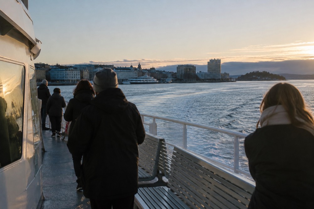 Passenger ferry departing a city pier in Oslo with islands in the distance