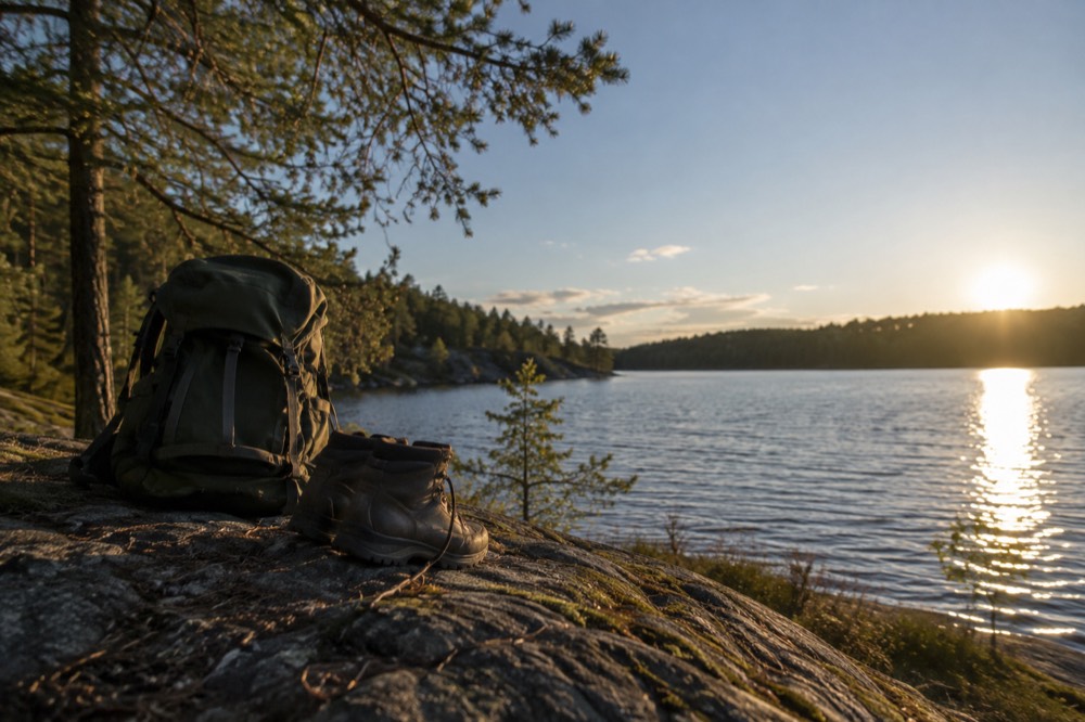 Backpack and hiking boots on a rock beside a forest lake
