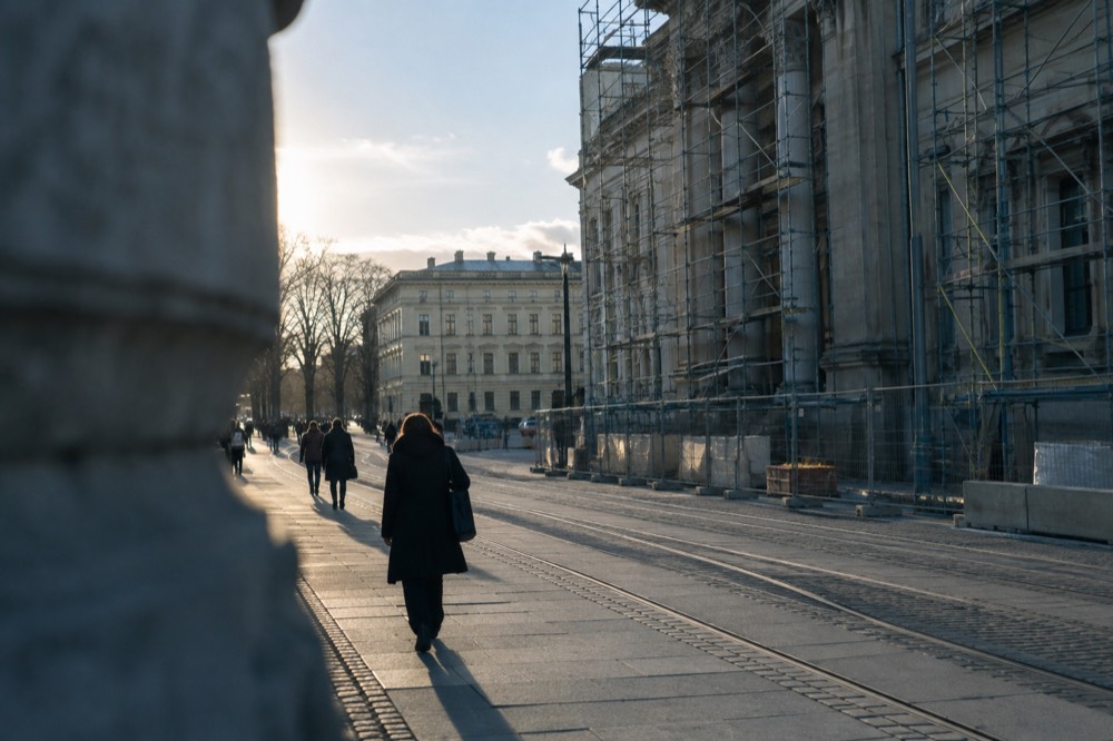 Museum building exterior with scaffolding and construction fencing