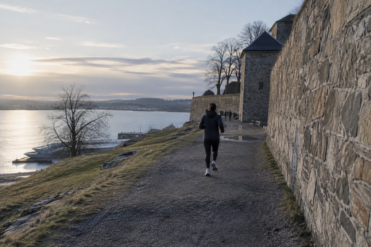 Akershus Fortress stone walls above the Oslofjord waterfront in soft evening light