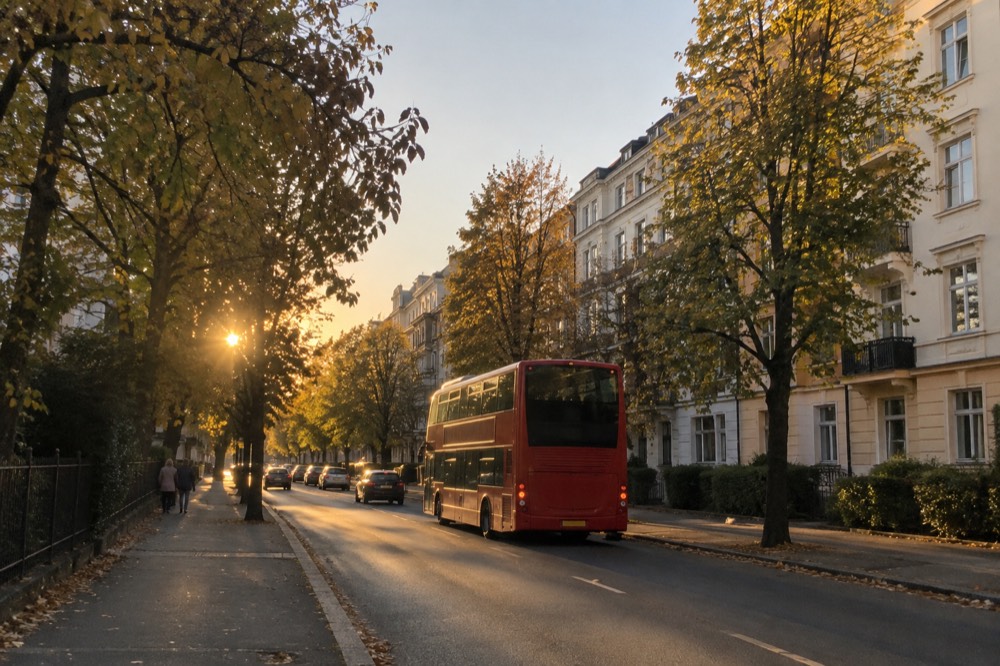 Red double-decker bus on a tree-lined Oslo street in the Frogner district