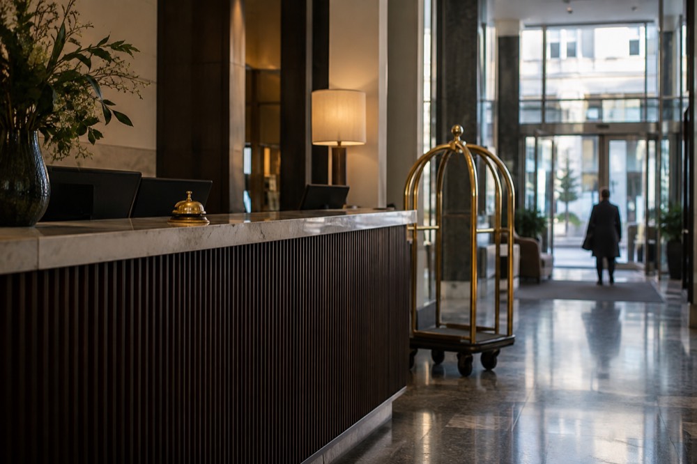 Empty hotel reception desk with a brass bell and a luggage trolley beside it