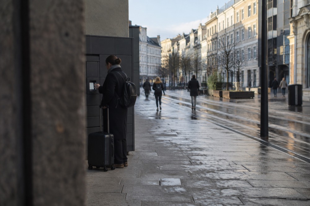 Person checking a card reader on a locker machine with a suitcase at their feet