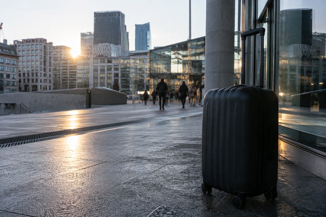 Rolling suitcase standing beside a modern glass railway station concourse in Oslo
