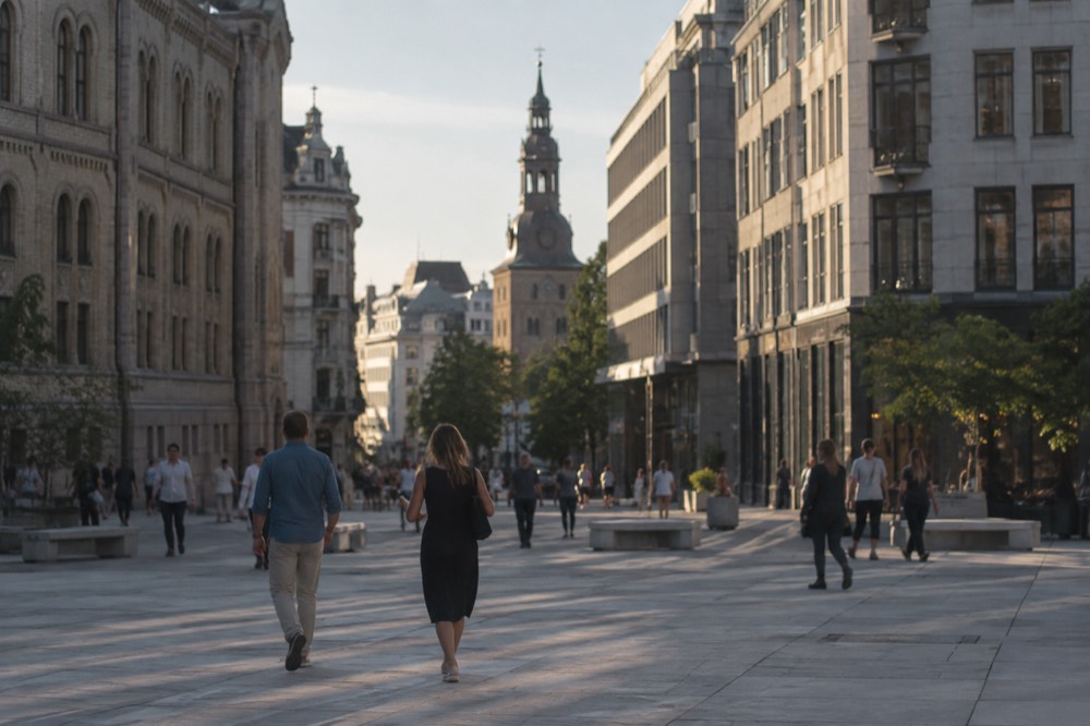 Pedestrians crossing a central Oslo square with the Cathedral spire visible between buildings