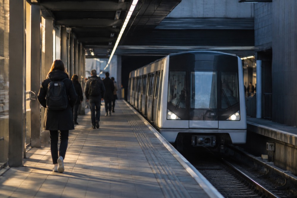 A modern metro train arriving at an underground station platform in Oslo