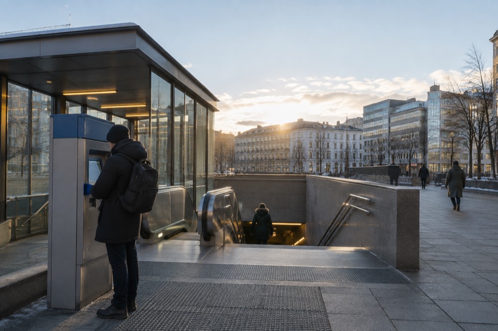 A ticket machine and station entrance in an Oslo metro station