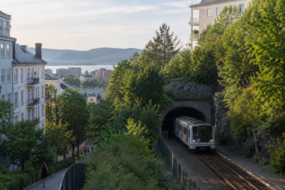 A metro train emerging from a tunnel into forested hills above Oslo