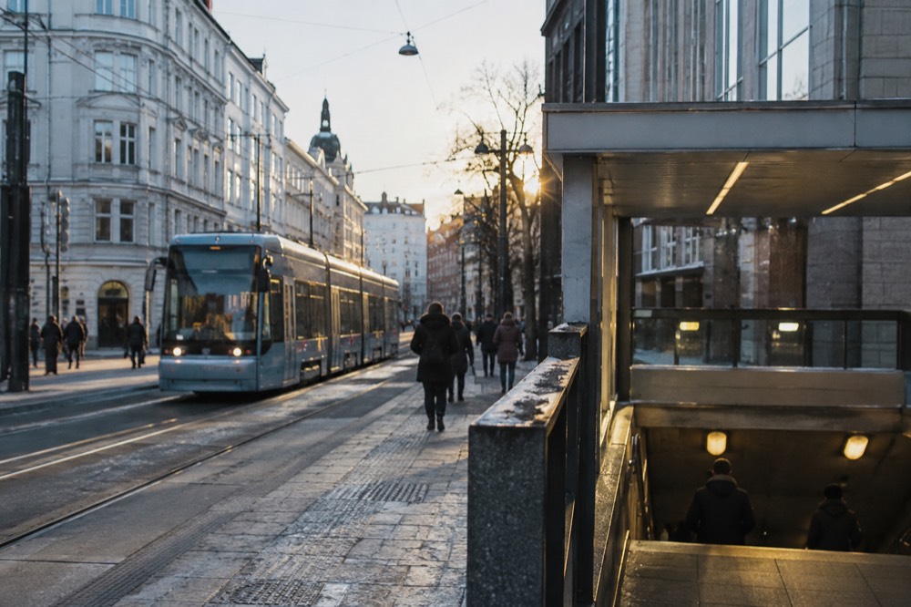 A tram and a metro entrance side by side on an Oslo street