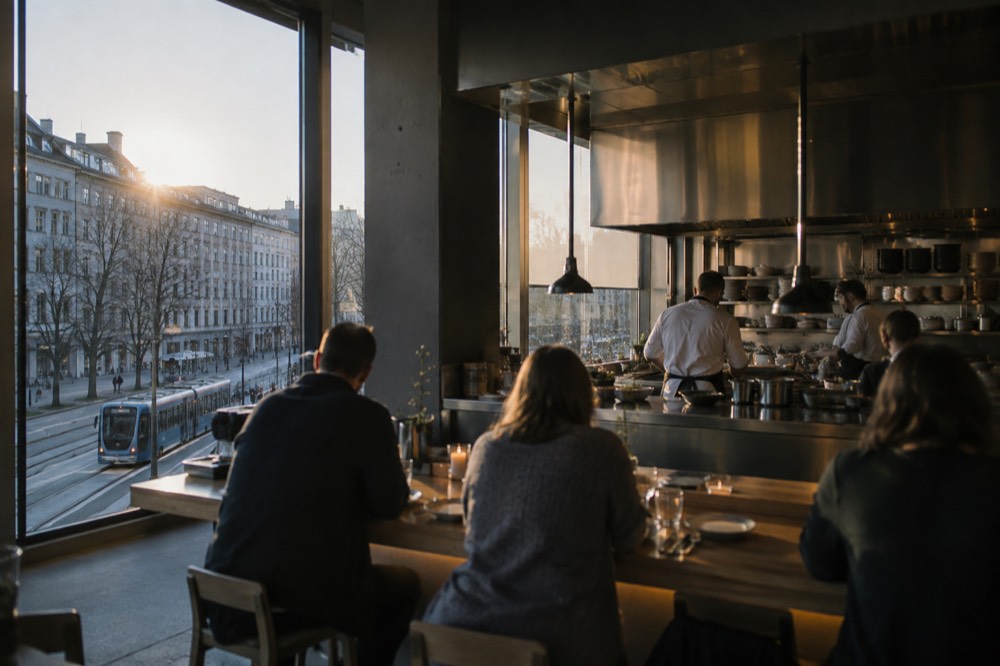 Guests seated at a wooden counter watching chefs work in an open kitchen