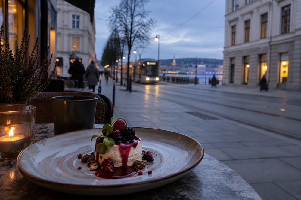 Small plated dessert course with berries and herbs on a ceramic plate