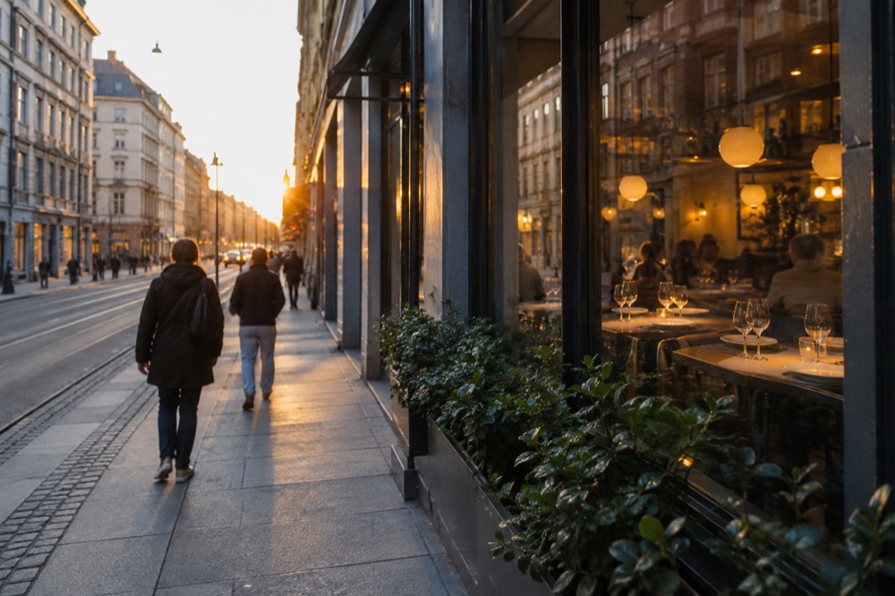 Evening view of a lit restaurant window on a Oslo street with people passing