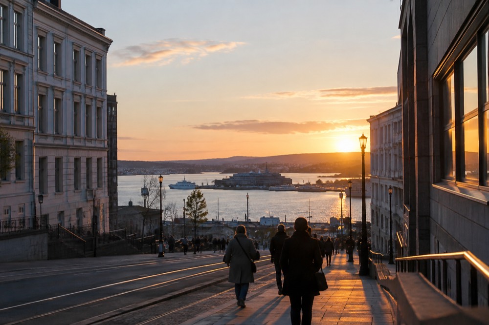 Late evening light over the Oslofjord with the city skyline in soft twilight