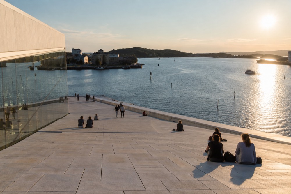 Golden evening light on the Oslo Opera House roof