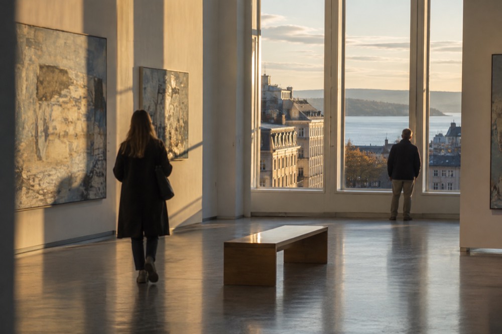 Gallery hall with paintings on pale walls and daylight from tall windows