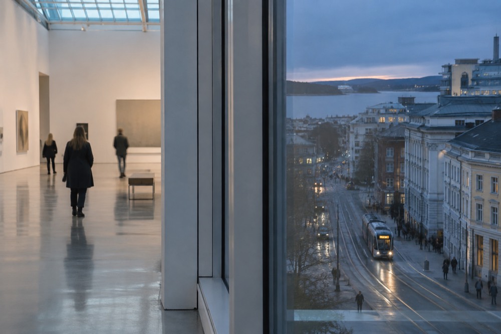 A bright museum gallery in Oslo lit through a glass ceiling, pale walls and polished floors