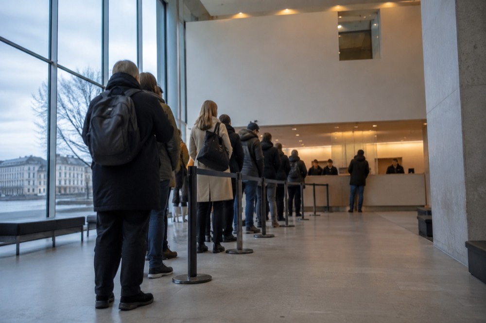 Museum ticket counter with a queue of visitors in a bright lobby
