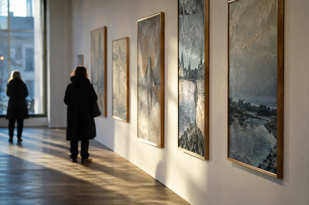 Paintings hung in a row on a gallery wall with wooden floor