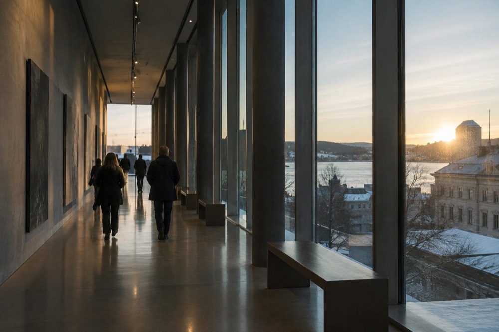 Visitors walking a museum corridor between exhibit rooms